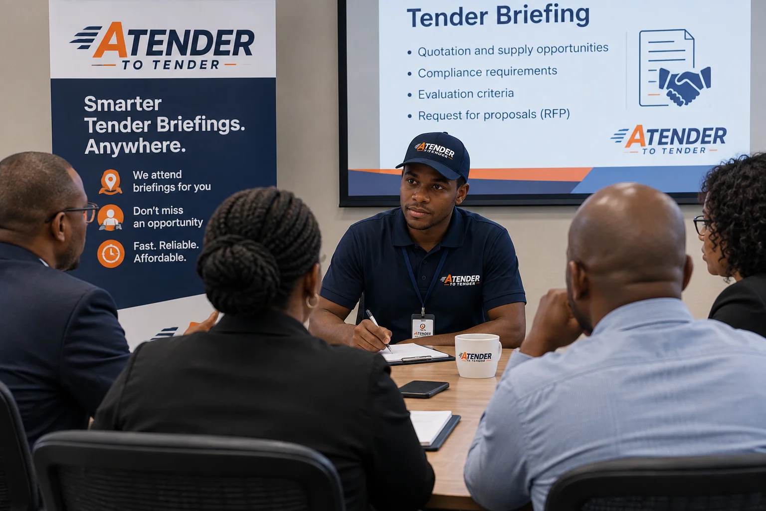 Professional business team collaborating on tender strategy